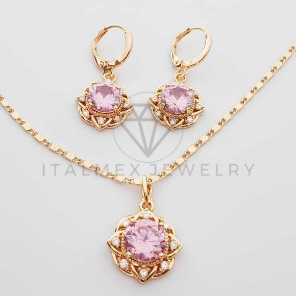 ItalMex Jewelry Jewelry - 18K Gold Plated Flower Pink CZ Set